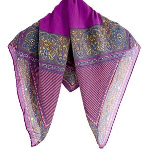 Vintage Silk Chiffon Purple Paisley Floral Square Scarf Hand Rolled Edges 30in